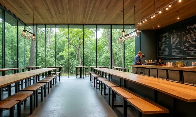 Interno moderno del Lupo Cafe con vista sulla foresta